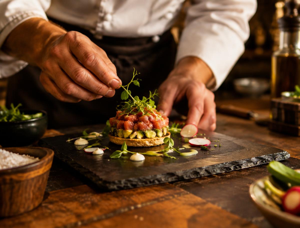 Chef dressant une assiette raffinée en cuisine